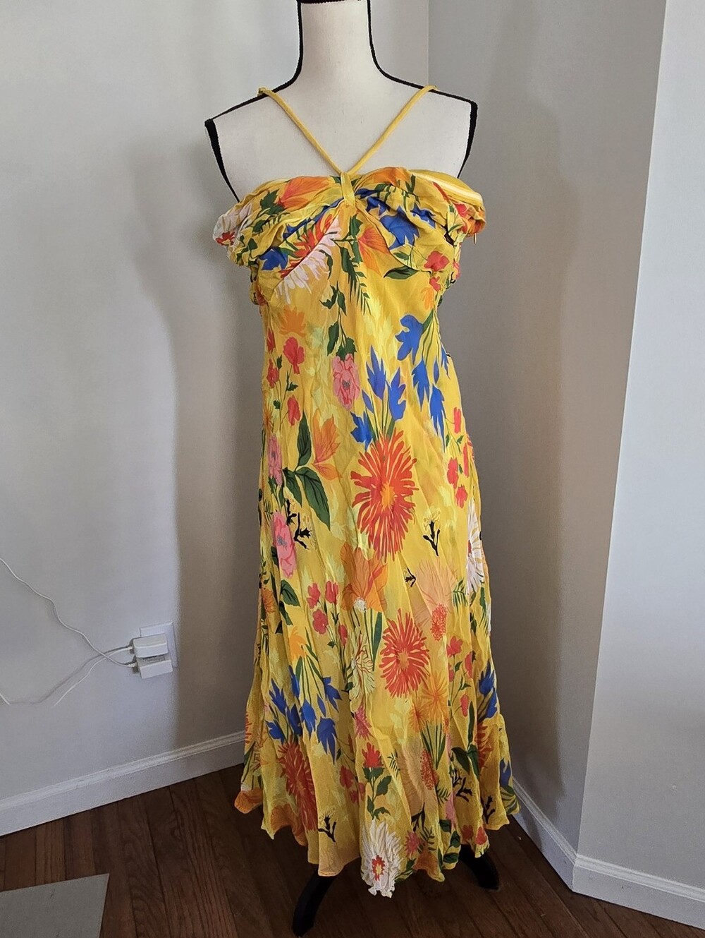 Anthropologie New Yellow Print Halter Summer Dress Large Nwt